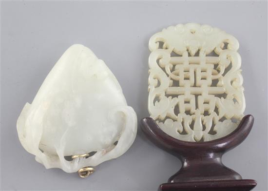 A Chinese pale celadon jade plaque and a white jade carving of a peach, 19th century, 5.5cm